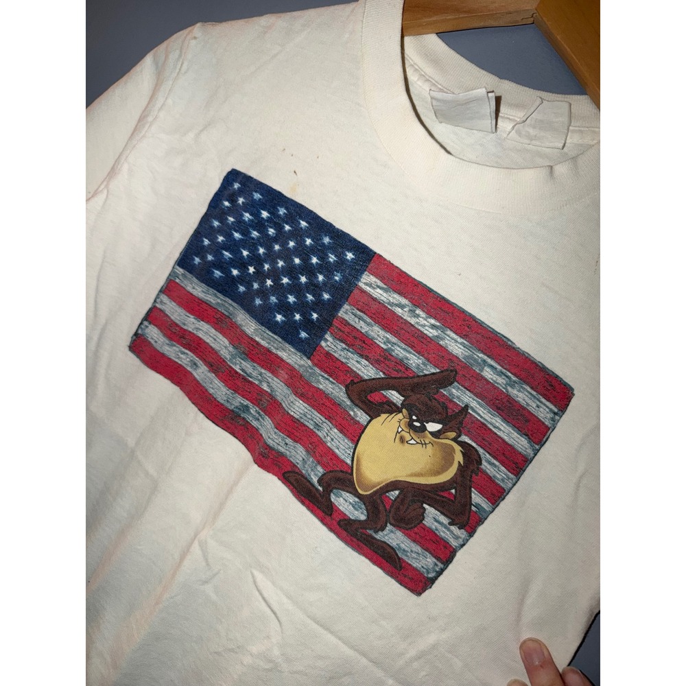 Vintage Acme Kids Looney Tunes Taz American Flag T-Shirt Cream Kids Large USA